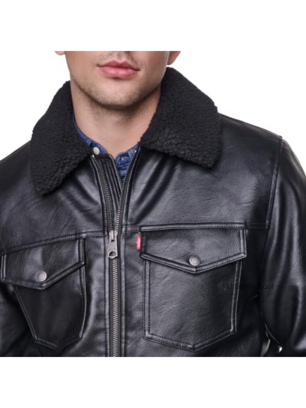 Faux Leather Oversized Shirt Jacket Aviator Bomber with Sherpa Collar